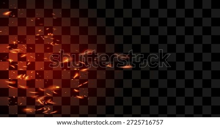 Burning Flame Fiery Sparkles Background. Isolated Fire, Red Yellow Orange Sparks, Smoke. Realistic Energy Glow. Hot Blazing Glow Flashes. Realistic Fire Image on Black.
