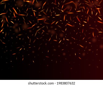 Burning Flame Fiery Sparks Background. Realistic Fire Image on Black. Realistic Energy Gleam. Isolated Fire, Red Orange Yellow Sparkles, Smoke. Hot Blazing Flake Flashes. Bright Night, Glitter Gold.