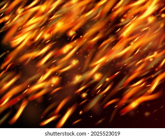 Burning Flame Fiery Sparks Background. Realistic Fire Image on Black. Realistic Energy Glow. Bright Night, Gold Glitter. Hot Blazing Gold Flashes. Isolated Fire, Red Yellow Orange Sparkles, Smoke.