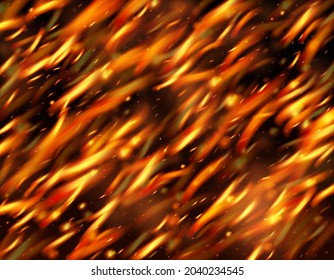 La Fuerte Llama Que Se Quema Provoca Fondo. Efecto de fuego realista en negro. Gleam de energía realista. Fuego Aislado, Parques Rojos Amarillos Naranja, Humo. Golpes de oro calientes. Noche brillante, Estrellas brillantes.