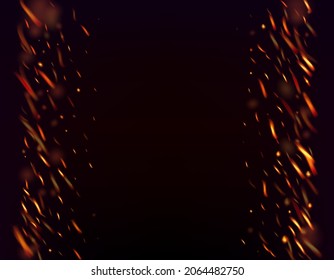 Burning Flame Fiery Sparks Background. Hot Blazing Gold Flashes. Realistic Energy Gleam. Bright Night, Glitter Gold. Isolated Fire, Red Orange Yellow Sparkles, Smoke. Realistic Fire Effect on Black.