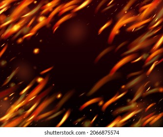 Burning Flame Fiery Sparks Background. Realistic Energy Gleam. Realistic Fire Effect on Black. Bright Night, Glitter Stars. Isolated Fire, Yellow Orange Red Sparkles, Smoke. Hot Blazing Gold Flashes.