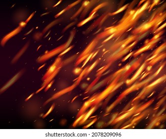 Burning Flame Fiery Sparks Background. Realistic Fire Effect on Black. Realistic Energy Glow. Bright Night, Stars Glitter. Isolated Fire, Red Orange Yellow Sparkles, Smoke. Hot Blazing Gold Flashes.