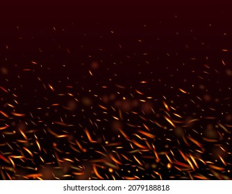 Burning Flame Fiery Sparks Background. Hot Blazing Flake Flashes. Realistic Energy Glow. Bright Night, Stars Glitter. Isolated Fire, Red Orange Yellow Sparkles, Smoke. Realistic Fire Effect on Black.