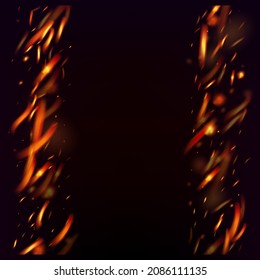 La Fuerte Llama Que Se Quema Provoca Fondo. Noche brillante, Estrellas brillantes. Realista Iluminación Energética. Fuego Aislado, Parkles Naranja Rojas Amarillas, Humo. Efecto de fuego realista en negro. Flashes Flake Calientes.