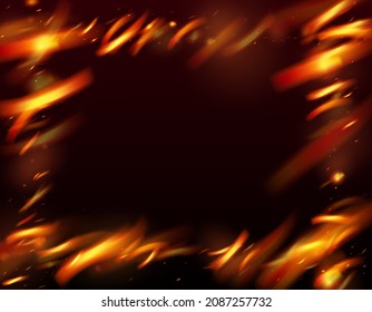 Burning Flame Fiery Sparks Background. Realistic Energy Gleam. Bright Night, Gold Glitter. Realistic Fire Effect on Black. Hot Blazing Flake Flashes. Isolated Fire, Red Orange Yellow Sparkles, Smoke.