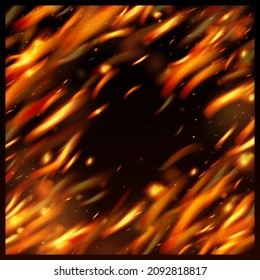 Burning Flame Fiery Sparks Background. Realistic Fire Effect on Black. Realistic Energy Glow. Hot Blazing Flake Flashes. Isolated Fire, Yellow Orange Red Sparkles, Smoke. Bright Night, Stars Gold.