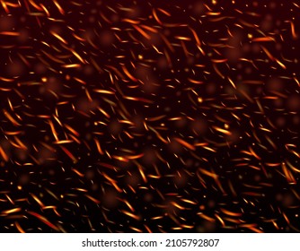 Burning Flame Fiery Sparks Background. Realistic Fire Image on Black. Isolated Fire, Yellow Orange Red Sparkles, Smoke. Bright Night, Gold Glitter. Hot Blazing Gold Flashes. Realistic Energy Glow.