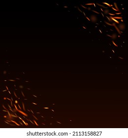 Brennende Flamme, floraler Hintergrund. Einziger Feuer, orangefarbene gelbe Falten, Rauch. Helle Nacht, Goldstars. Realistisches Energiefleck. Realistisches Feuerbild auf Schwarz. Hitzebeben von Flecken.