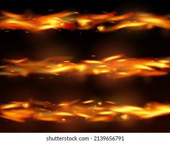 Burning Flame Fiery Sparks Background. Isolated Fire, Yellow Orange Red Sparkles, Smoke. Realistic Energy Glow. Hot Blazing Glow Flashes. Bright Night, Gold Glitter. Realistic Fire Image on Black.