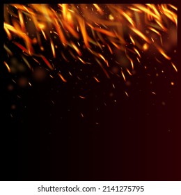 Burning Flame Fiery Sparks Background. Realistic Fire Effect on Black. Bright Night, Stars Gold. Isolated Fire, Yellow Orange Red Sparkles, Smoke. Hot Blazing Flake Flashes. Realistic Energy Glow.
