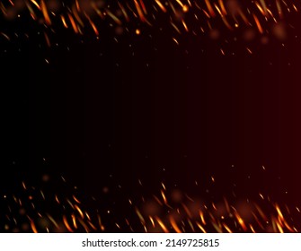 Burning Flame Fiery Sparks Background. Realistic Fire Effect on Black. Realistic Energy Gleam. Bright Night, Gold Stars. Isolated Fire, Orange Yellow Red Sparkles, Smoke. Hot Blazing Gold Flashes.