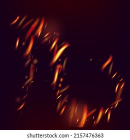 Burning Flame Fiery Sparks Background. Bright Night, Glitter Stars. Isolated Fire, Red Orange Yellow Sparkles, Smoke. Realistic Energy Gleam. Hot Blazing Glow Flashes. Realistic Fire Image on Black.
