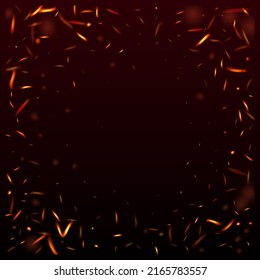 Burning Flame Fiery Sparks Background. Realistic Fire Image on Black. Realistic Energy Gleam. Hot Blazing Gold Flashes. Isolated Fire, Yellow Orange Red Sparkles, Smoke. Bright Night, Gold Stars.