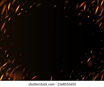 Burning Flame Fiery Sparks Background. Realistic Energy Glow. Isolated Fire, Red Orange Yellow Sparkles, Smoke. Hot Blazing Glow Flashes. Bright Night, Glitter Gold. Realistic Fire Effect on Black.