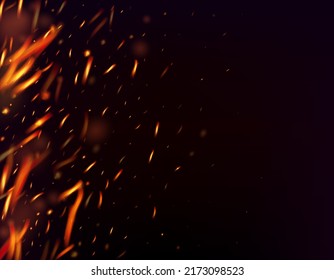 Burning Flame Fiery Sparks Background. Isolated Fire, Red Yellow Orange Sparkles, Smoke. Hot Blazing Glow Flashes. Realistic Energy Gleam. Bright Night, Gold Stars. Realistic Fire Effect on Black.