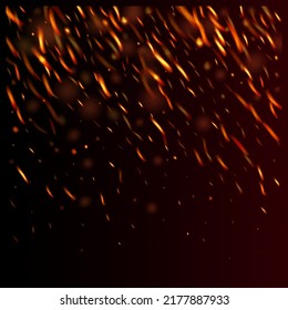 Burning Flame Fiery Sparks Background. Hot Blazing Glow Flashes. Bright Night, Glitter Stars. Realistic Fire Image on Black. Isolated Fire, Orange Yellow Red Sparkles, Smoke. Realistic Energy Gleam.