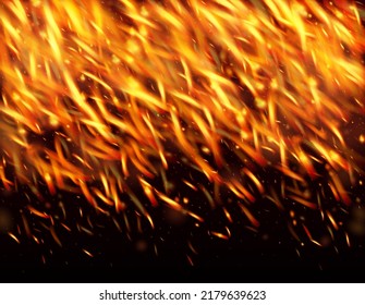 Brennende Flamme, floraler Hintergrund. Helle Nacht, Glitter Gold. Realistischer Feuereffekt auf Schwarz. Hitzebeben von Flecken. Realistisches Energiefleck. Einziger Feuer, gelbe orangefarbene Falten, Rauch.