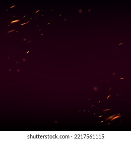 Burning Flame Fiery Sparks Background. Realistic Energy Gleam. Realistic Fire Effect on Black. Hot Blazing Gold Flashes. Isolated Fire, Red Orange Yellow Sparkles, Smoke. Bright Night, Stars Glitter.