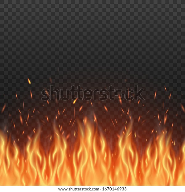 透明な背景に燃える炎または火の下枠テンプレートのリアルなベクターモックアップイラスト たき火の炎ときらめきをモックアップ のベクター画像素材 ロイヤリティフリー