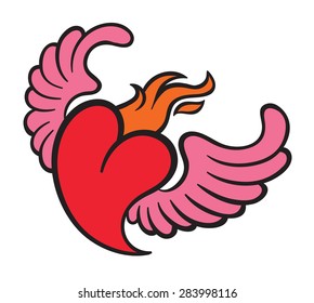 Burning flame heart with wings vector illustration