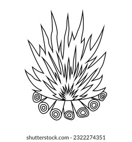 A burning flame icon with firewood on a white background. Vector image.