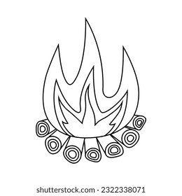 Ein brennendes Flammensymbol mit Feuerholz auf weißem Hintergrund. Vektorbild.