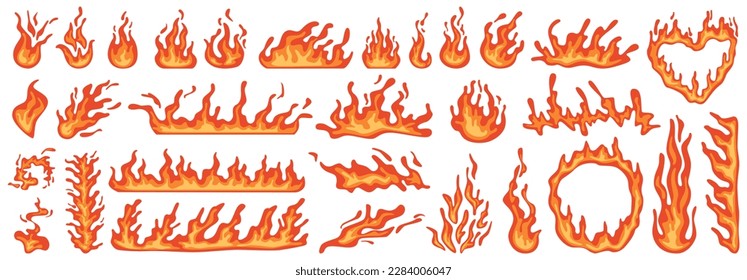 Burning flames and blaze, burst of fire. Ignition and inflammation. Shapes with flare. Heat from bonfire. Circle and heart form burning fire. Vector in flat cartoon illustration