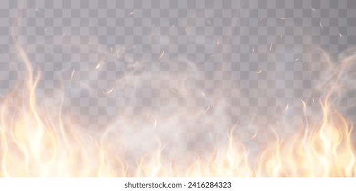 Burning flames with flying sparks and smoke texture isolated on a transparent background. Vector illustration