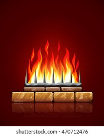 Llamas ardientes de fuego caliente en la chimenea de piedras de ladrillo sobre fondo rojo. Fuente de calefacción de la chimenea de Navidad con la ilustración del vector del icono de incendio. Fuente de calefacción para el icono del vector de incendio doméstico
