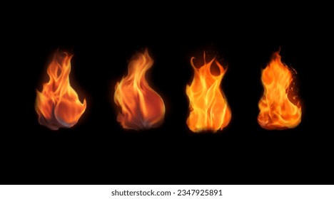 Burning flames. Realistic vector illustration. Set of fire elements isolated on black backdrop