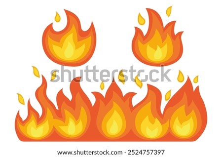 Burning flames with varying shapes and sizes in vibrant orange and yellow colors. Ideal for themes of heat, danger, energy, passion, and emergency. Bright and attention-grabbing style