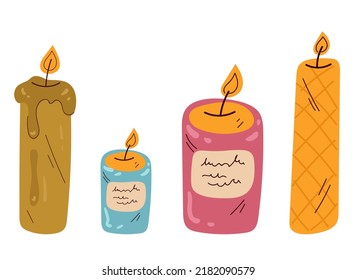 Burning flaming aroma candles for spa relax therapy isolated on white background set collection design element concept illustration
