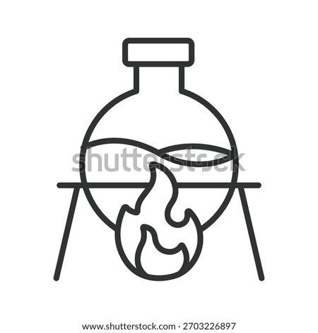 Burning flask icon in line design. heating flask, chemical reaction on white background vector. Burning flask editable stroke icon
