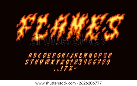Burning font. Flame letters and numbers, fire alphabet, bonfire magic text, decorative typography, graffiti inscriptions, bright ignite flammable typeface, elements tidy vector isolated set
