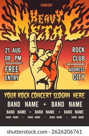 Burning font poster. Metal festival invitation, rock concert banner, heavy live music party, flamed text, fire letters, horns hand, flammable lettering, typographic template tidy vector concept
