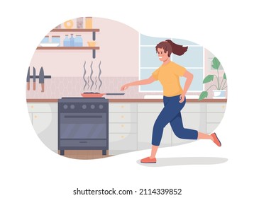 Comida quemada en estufa vector 2D ilustración aislada. Mujer corriendo para apagar el calor sobre estufas llenas de personajes de fondo de dibujos animados. Situación cotidiana y vida diaria colorida escena