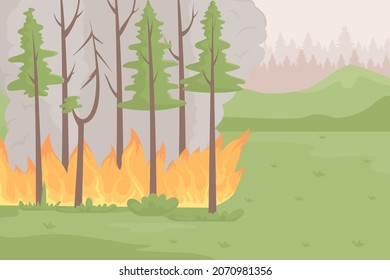 Burning forest flat color vector illustration. Uncontrolled fire in national park. Spontaneous combustion. Air pollution. Burning plants. Wildfire 2D cartoon landscape with green forest on background