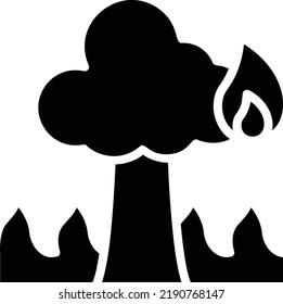Icono De Bosque Quemado Con Estilo Glifo, Signo De Calentamiento Global Y Símbolo Aislado En Fondo Blanco