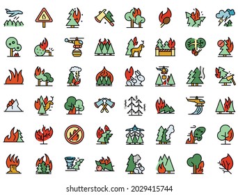 Burning forest icons set. Outline set of burning forest vector icons thin line color flat on white