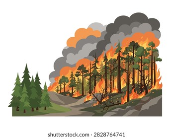 Burning forest landscape with fire and thick smoke vector illustration