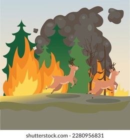 Burning forest spruce in fire flame, nature disaster concept illustration background, poster danger, beware of forest fire.