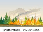 Burning forest spruces in fire flames, nature disaster concept illustration background, poster danger, careful with fires in the woods