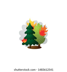 Burning forest trees in flames. Raster illustration in the flat cartoon style