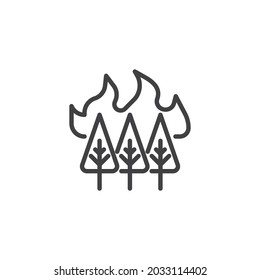 Burning forest trees line icon. linear style sign for mobile concept and web design. Trees and fire flame outline vector icon. Symbol, logo illustration. Vector graphics