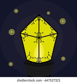 Burning forged lantern with bright, flying around, fireflies
