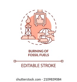 Burning of fossil fuels red concept icon. Reasons for climate change abstract idea thin line illustration. Isolated outline drawing. Editable stroke. Roboto-Medium, Myriad Pro-Bold fonts used