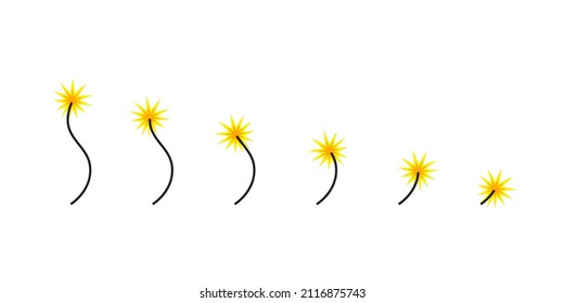 Burning Fuse Flat Set. Wick Burn With Sparks, Bomb Detonation Timer Illustration Element.