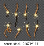 Burning fuse wick of bomb or dynamite. Vector isolated set or realistic cards with ignition, firecracker or fireworks twisted ropes with flames. Exploding weapon or equipment, threads with fire