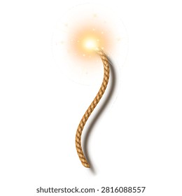 Burning fuse wick of bomb or dynamite. Vector 3D realistic ignition, firecracker or fireworks rope with flame. Exploding weapon lit fuse cord of bombs, threads with fire isolated on white background
